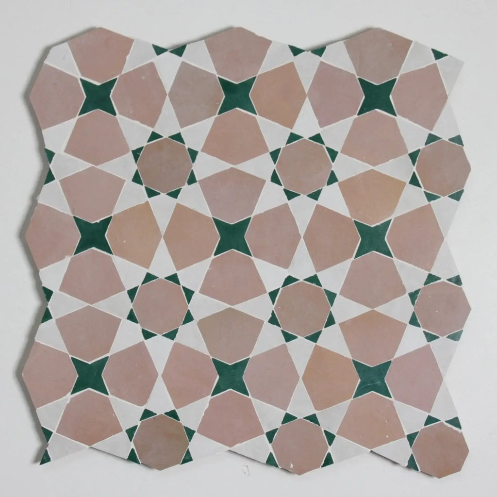 Snow, Moroccan Pink & Forest - Moroccan Zellige Star & Flower Mosaic by Tilesofezra