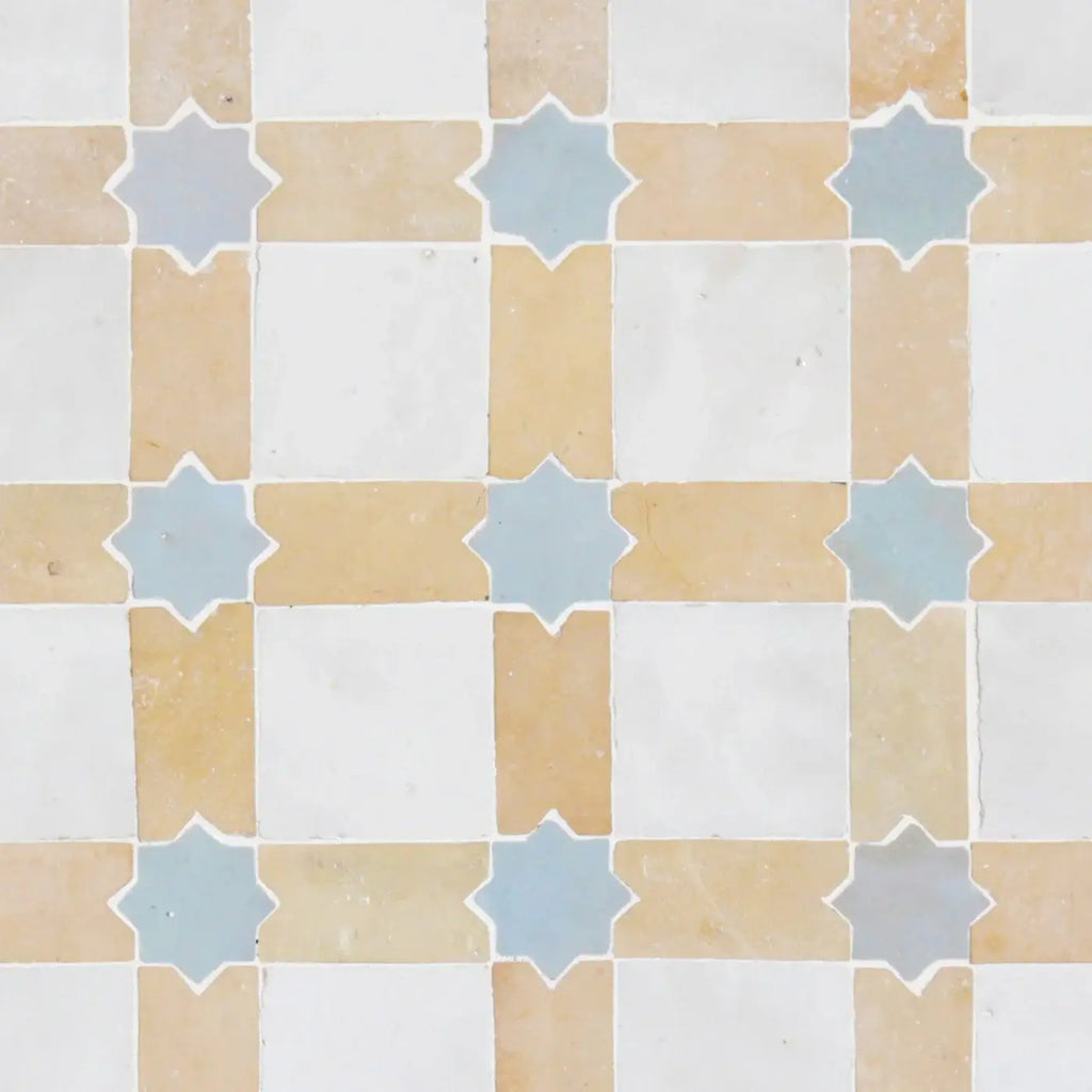 Snow, Clay & Duck Egg Blue - Star & Checkerboard Mosaic 12"x12" by Tilesofezra