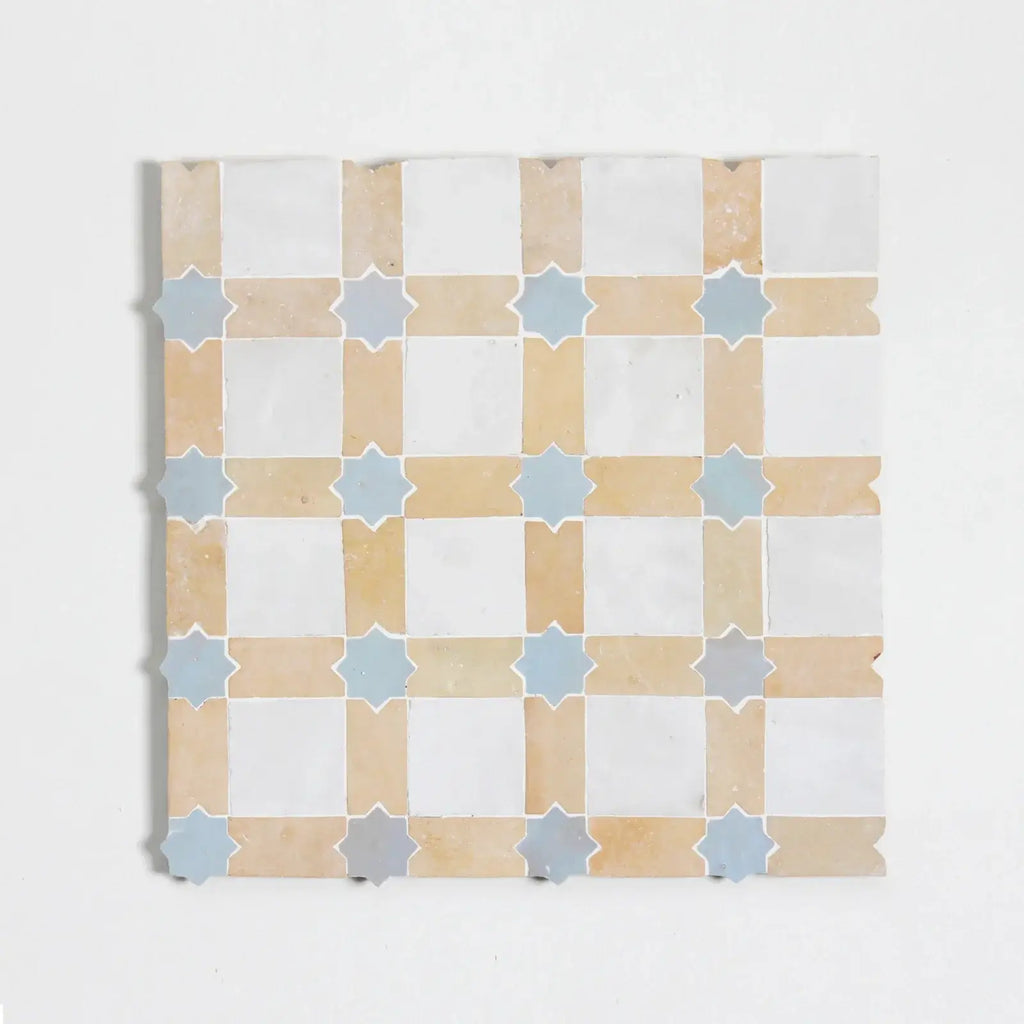Snow, Clay & Duck Egg Blue - Star & Checkerboard Mosaic 12"x12" by Tilesofezra