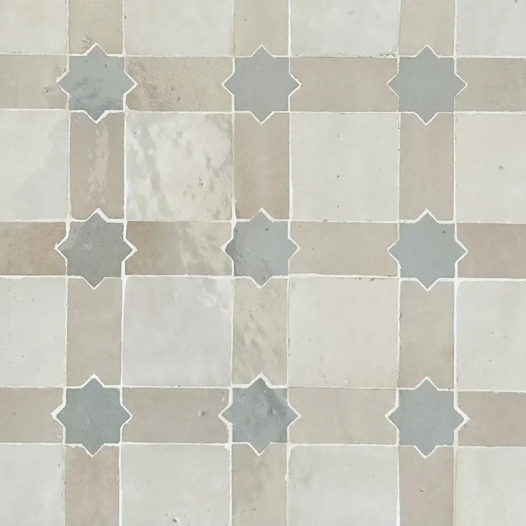 Snow, Dust & Duck Egg Blue - Star & Checkerboard Mosaic 12"x12" by Tilesofezra
