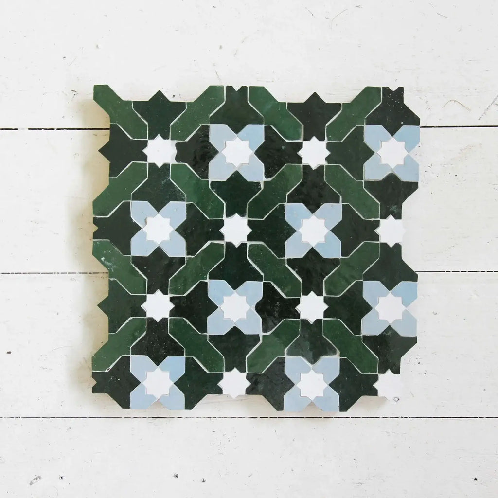 Snow, Blue Grass, Forest & Dark Green - Moroccan Zellige Crosses Mosaic by Tilesofezra