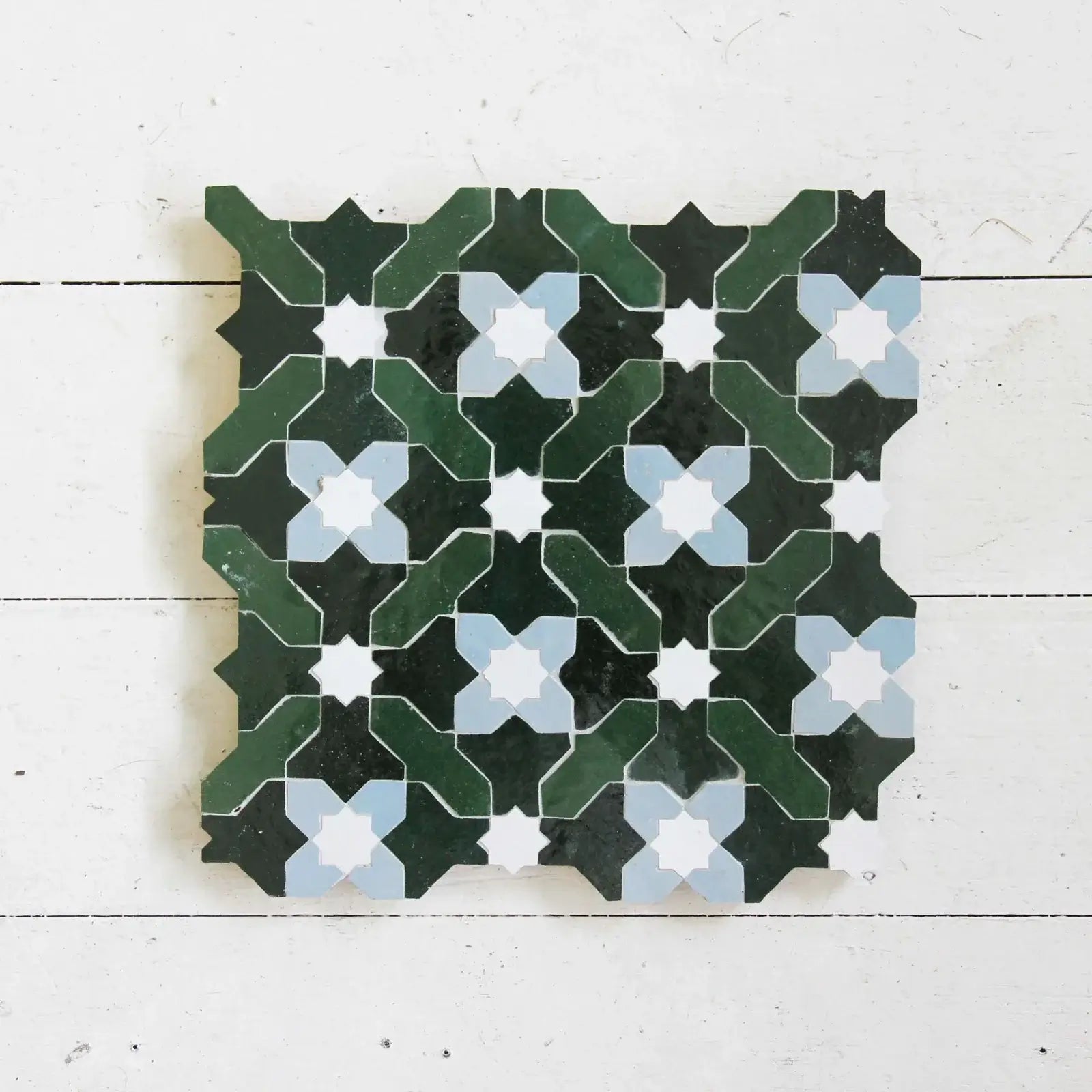 Snow, Blue Grass, Forest & Dark Green - Moroccan Zellige Crosses Mosaic by Tilesofezra
