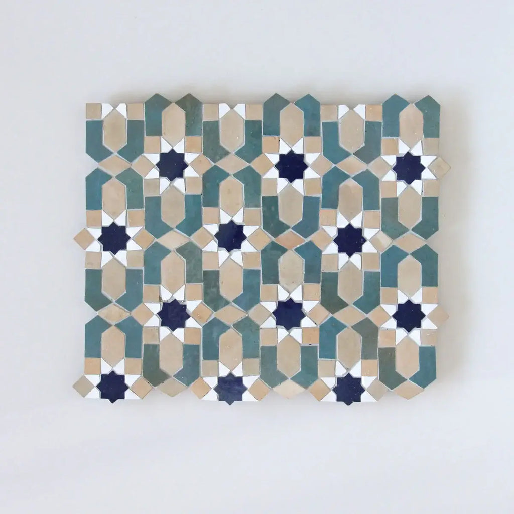 Snow, Clay, Royal Blue and Peacock - Moroccan Zellige Flower Mosaic by Tilesofezra