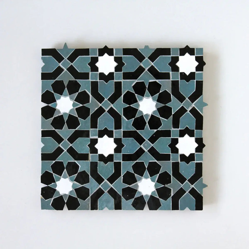 Snow, Black & Peacock - Moroccan Zellige Flower Mosaic by Tilesofezra