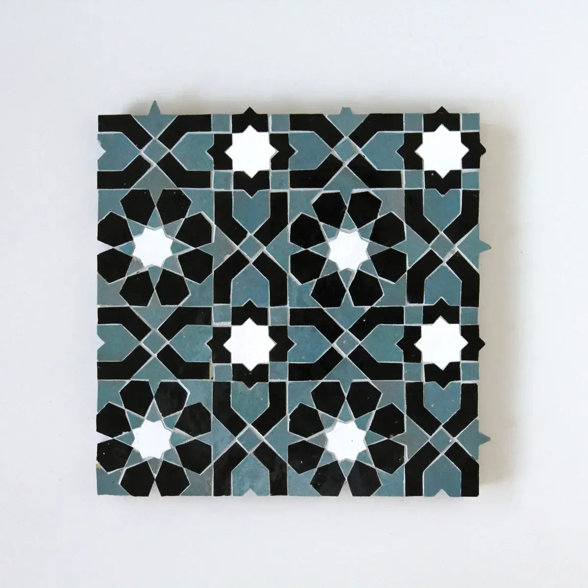 Snow, Black & Peacock - Moroccan Zellige Flower Mosaic by Tilesofezra