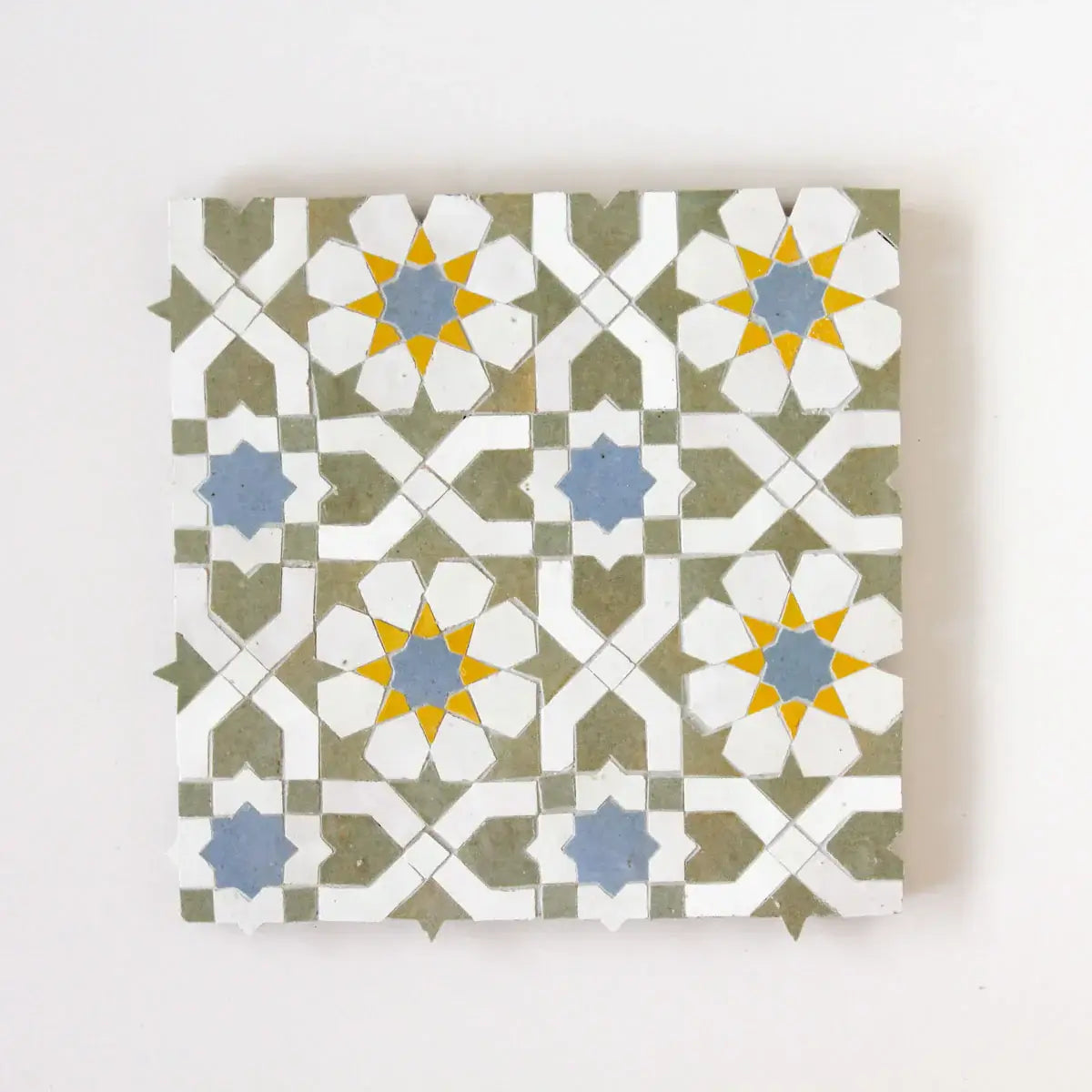 Snow, Avocado, Mustard & Blue Grass - Moroccan Zellige Flower Mosaic by Tilesofezra