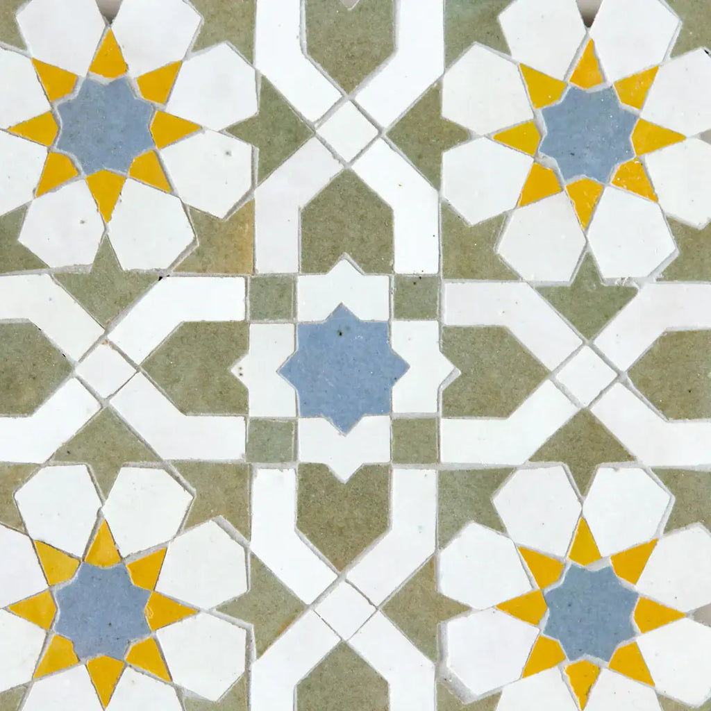 Snow, Avocado, Mustard & Blue Grass - Moroccan Zellige Flower Mosaic by Tilesofezra