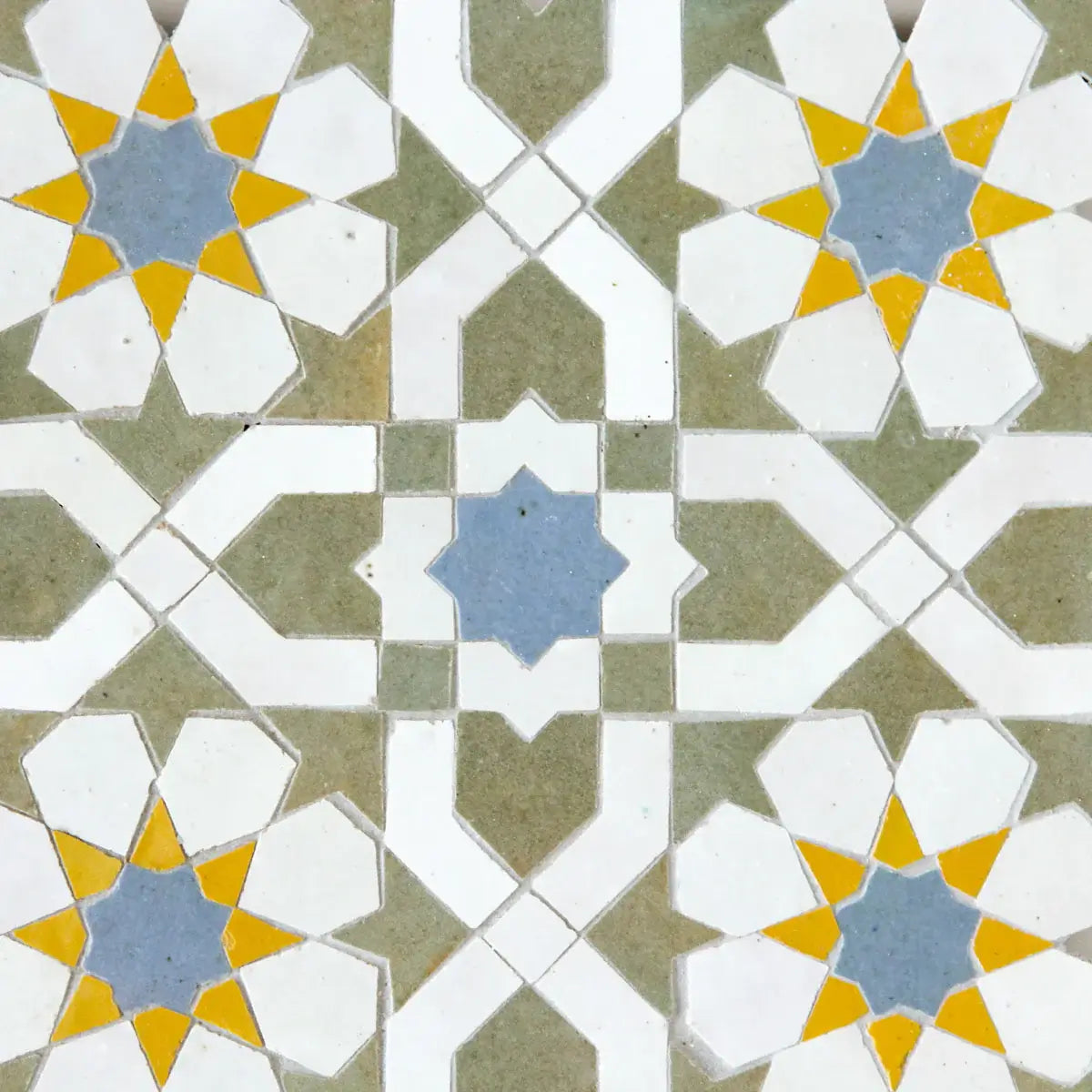 Snow, Avocado, Mustard & Blue Grass - Moroccan Zellige Flower Mosaic by Tilesofezra