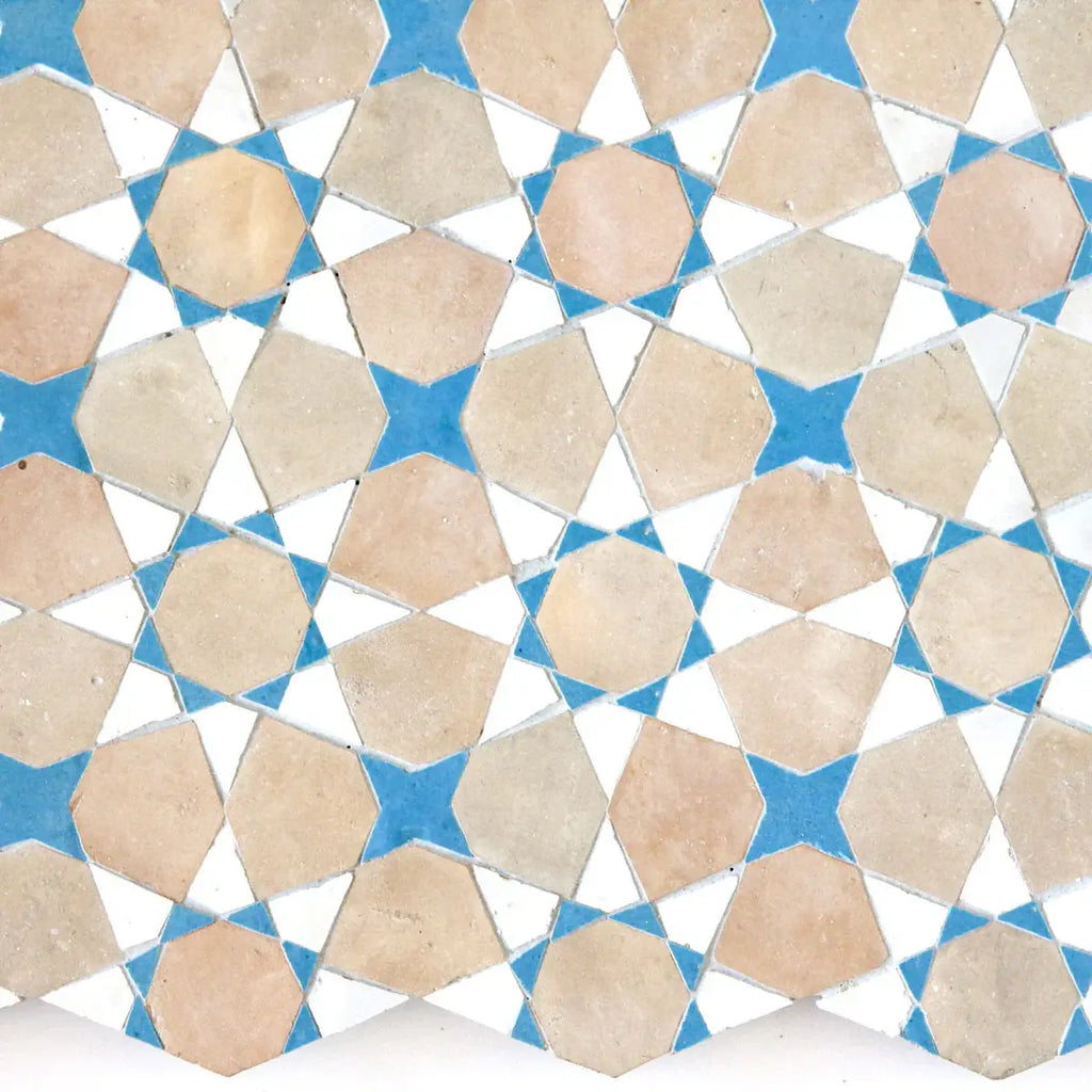 Snow, Clay & Teal - Moroccan Zellige Star & Flower Mosaic by Tilesofezra