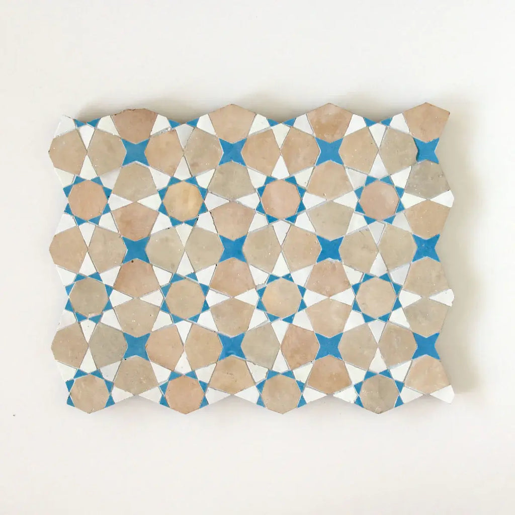 Snow, Clay & Teal - Moroccan Zellige Star & Flower Mosaic by Tilesofezra