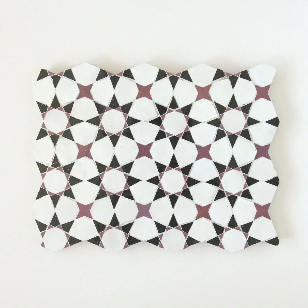 Snow, Black & Eggplant - Moroccan Zellige Star & Flower Mosaic by Tilesofezra