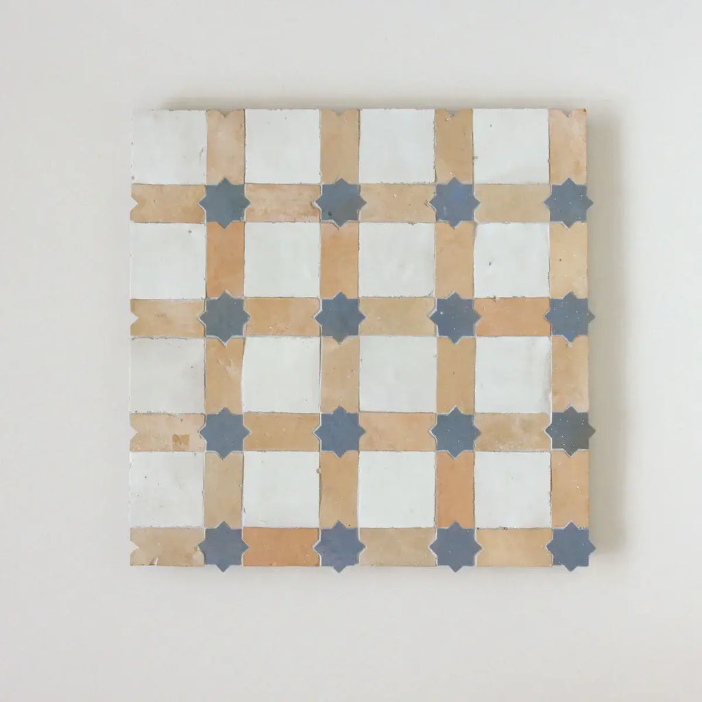 Snow, Clay & Clear Sky - Star & Checkerboard Mosaic 12"x12" by Tilesofezra