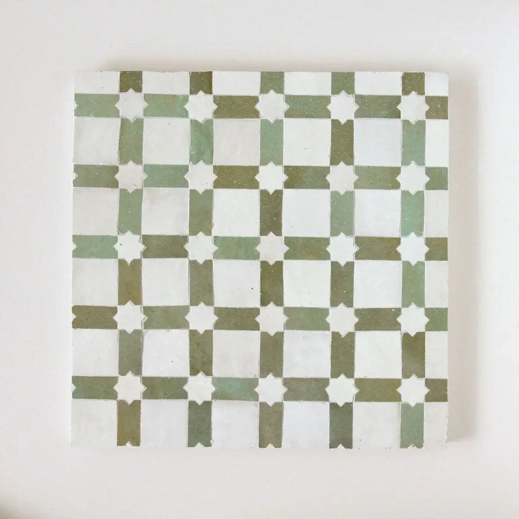 Snow & Avocado - Star & Checkerboard Mosaic 12"x12" by Tilesofezra