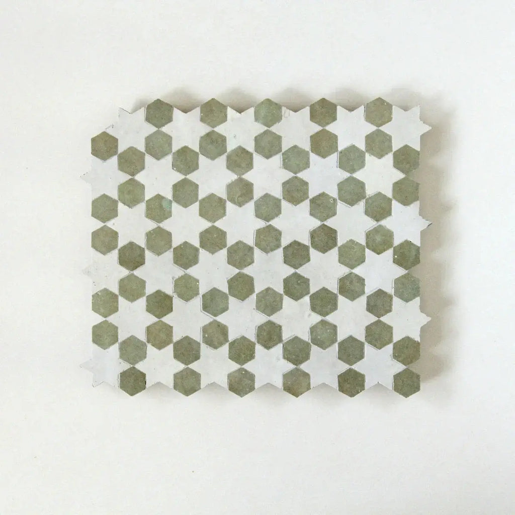 Snow & Avocado - Moroccan Zellige Star Mosaic by Tilesofezra