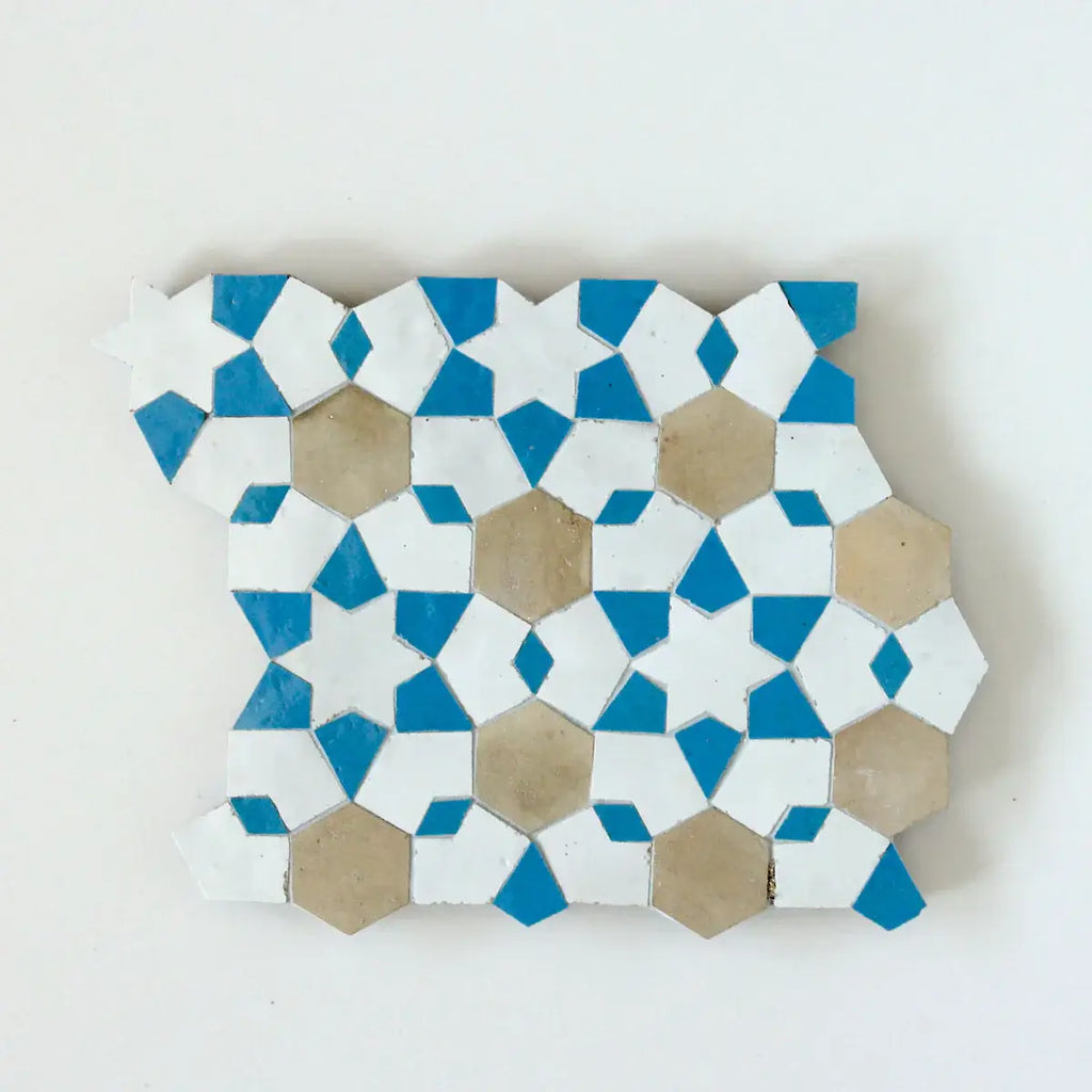 Snow, Clay & Teal - Moroccan Zellige Stars Mosaic by Tilesofezra