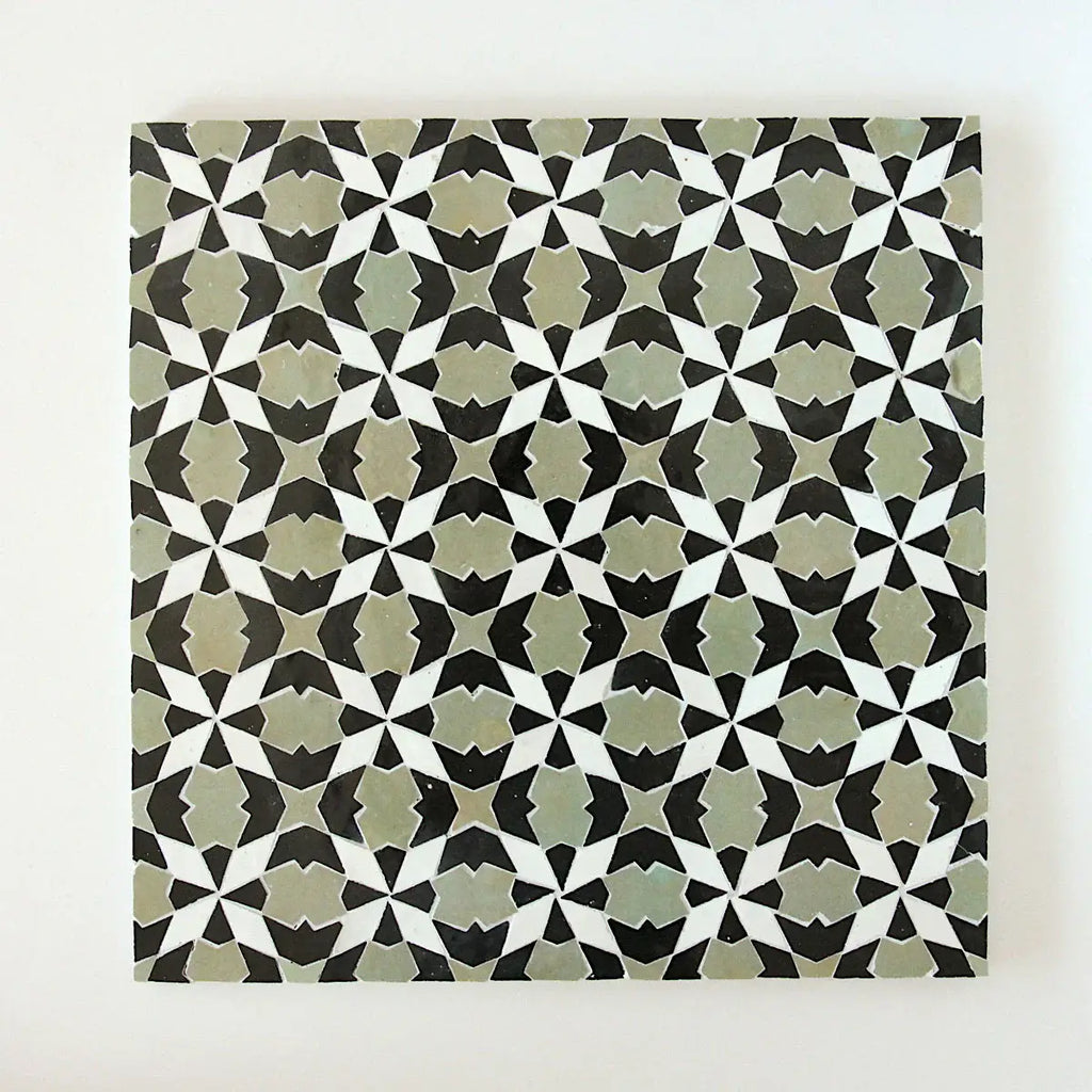 Snow, Avocado & Black - Moroccan Zellige Stars Mosaic by Tilesofezra