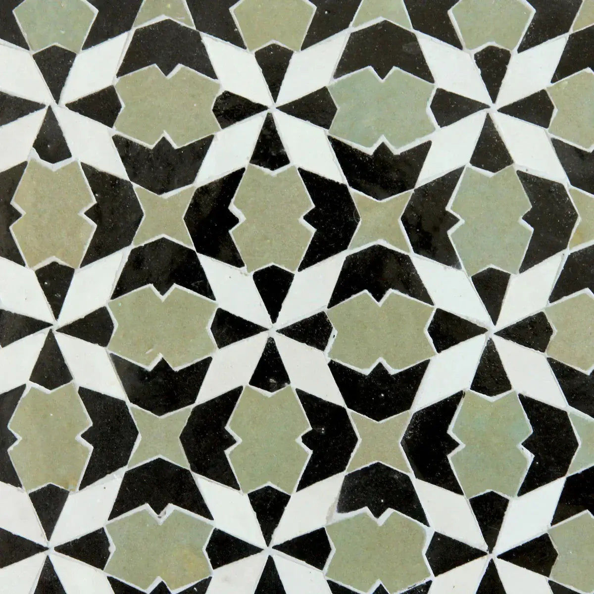Snow, Avocado & Black - Moroccan Zellige Stars Mosaic by Tilesofezra