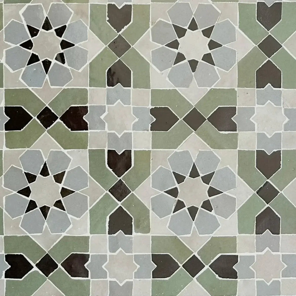 Avocado, Black, Dust, Duck Egg Blue - Moroccan Zellige Flower Mosaic by Tilesofezra
