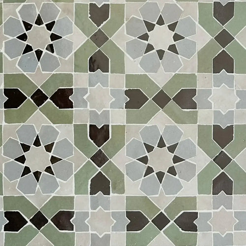 Avocado, Black, Dust, Duck Egg Blue - Moroccan Zellige Flower Mosaic by Tilesofezra