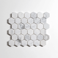 Polished 2" hexagon mosaic tiles in marble finish, 10 sheets per box, ideal for elegant home decor.