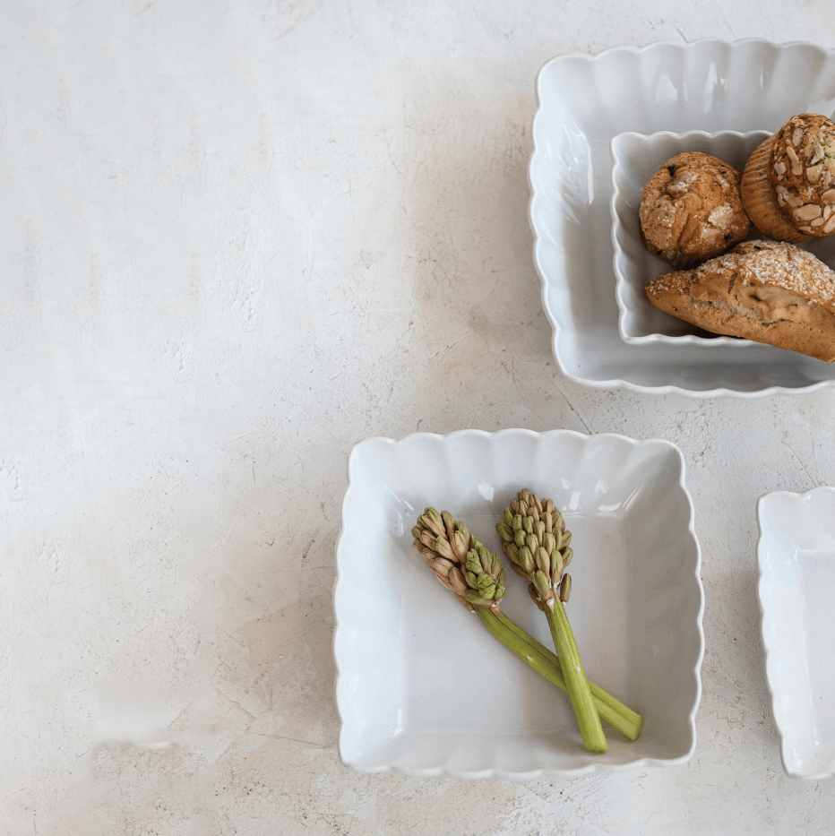 Stoneware Serving Dishes w/ Scalloped Edge, Matte White, Set of 4
