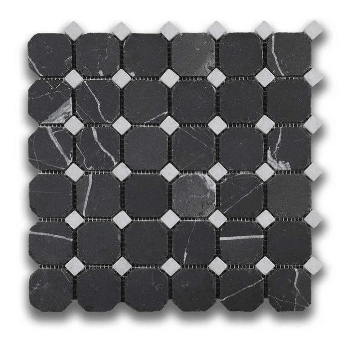 Nero St. Gabriel & Venatino Carrara Mosaic Tumbled Marble Tile