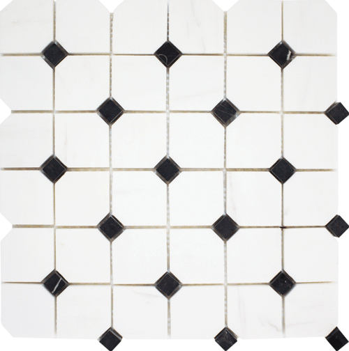 Bianco Venato & Black Dot Polished 2" Hex Marble Mosaic tile, perfect for bathrooms and kitchens, sold by piece.