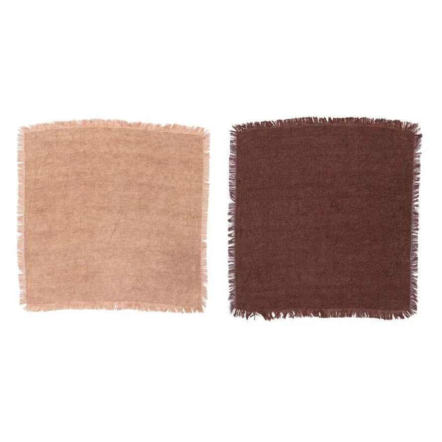 Stonewashed Linen Napkins w/ Fringe, Putty & Aubergine Color, Set of 4