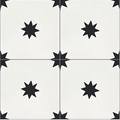 Estrellas White 8x8" tile showcasing intricate star pattern in black and white, ideal for elegant home decor.